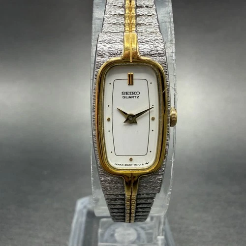 Seiko Tank Watch Women 13mm Gold Dial Gold Tone Rectangle 2E20-6319 New Battery9