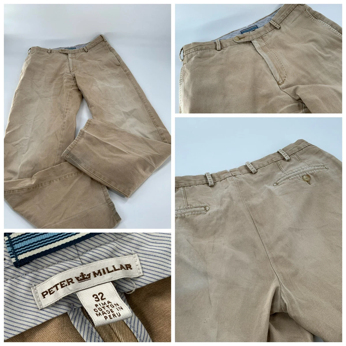 Peter Millar Pants 32x31 Tan 100% Cotton Flat Front Made Peru YGI B2-26