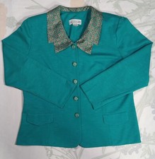 Vtg 70's Womens Petite 16 Pablo Collection Blazer Teal Floral Collar Padded USA