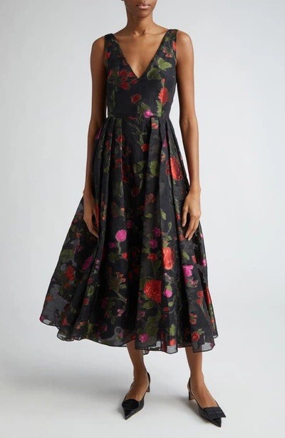 Vestido ERDEM Floral Negro Largo Midi Organza Falda Completa Sin Mangas Cuello en V Reino Unido 14