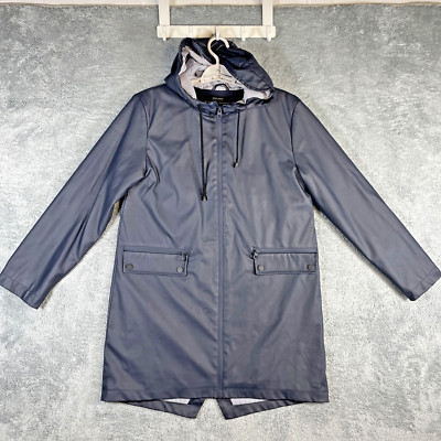 Zara Basic Outerwear Jacket Women Small Navy Blue Trench Long Hood Full Zip