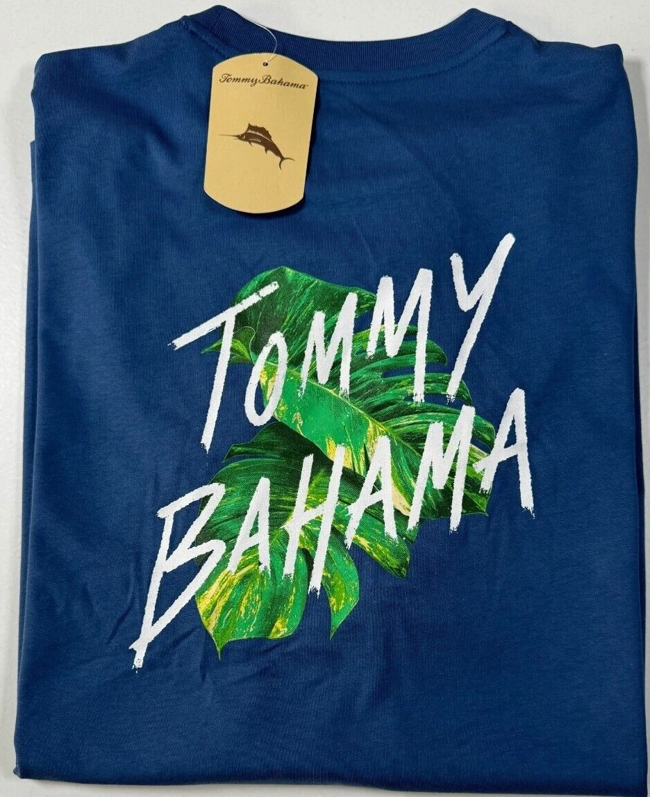 NWT Tommy Bahama Men Cotton Shirt Casual L Large Navy Logo Green Leaves C1