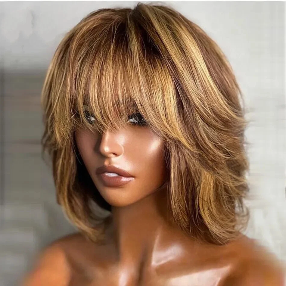 Mixed Blonde  Wigs Highlight Brazilian Remy Human Hair Wigs with Bangs Short Bob - Image 4 of 4