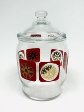 Vtg MCM Jeanette Glass Condiment Jar With Lid Red Gold Atomic Starbursts