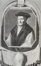 Antique Portrait Engraving. Matthew Parker, Theologian. Engraved by P Gunst