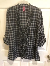 Pure Energy Women’s Blouse Top Size 2 Navy Silver Plaid Ruffled V-Neck Exc Cond
