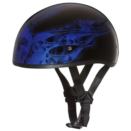 Daytona Helmet Skull Cap W/ SKULL FLAMES BLUE Bike DOT Motorcycle Helmets - Foto 1 di 6