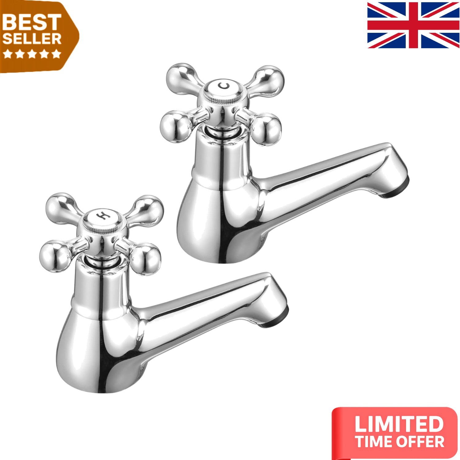 Chrome Brass Basin Pillar Taps - Hot & Cold Dual Lever for Luxury Bathrooms
