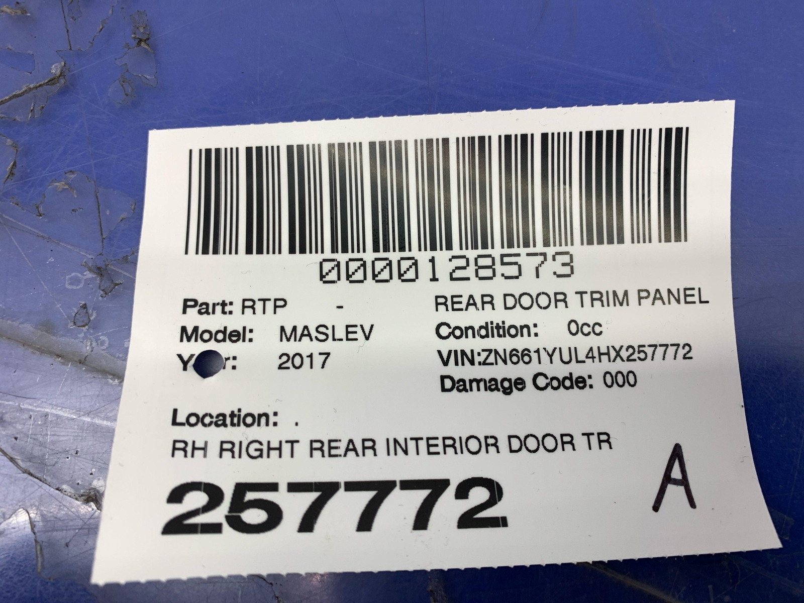 2017 - 2020 MASERATI LEVANTE OEM RIGHT REAR INNER DOOR TRIM PANEL