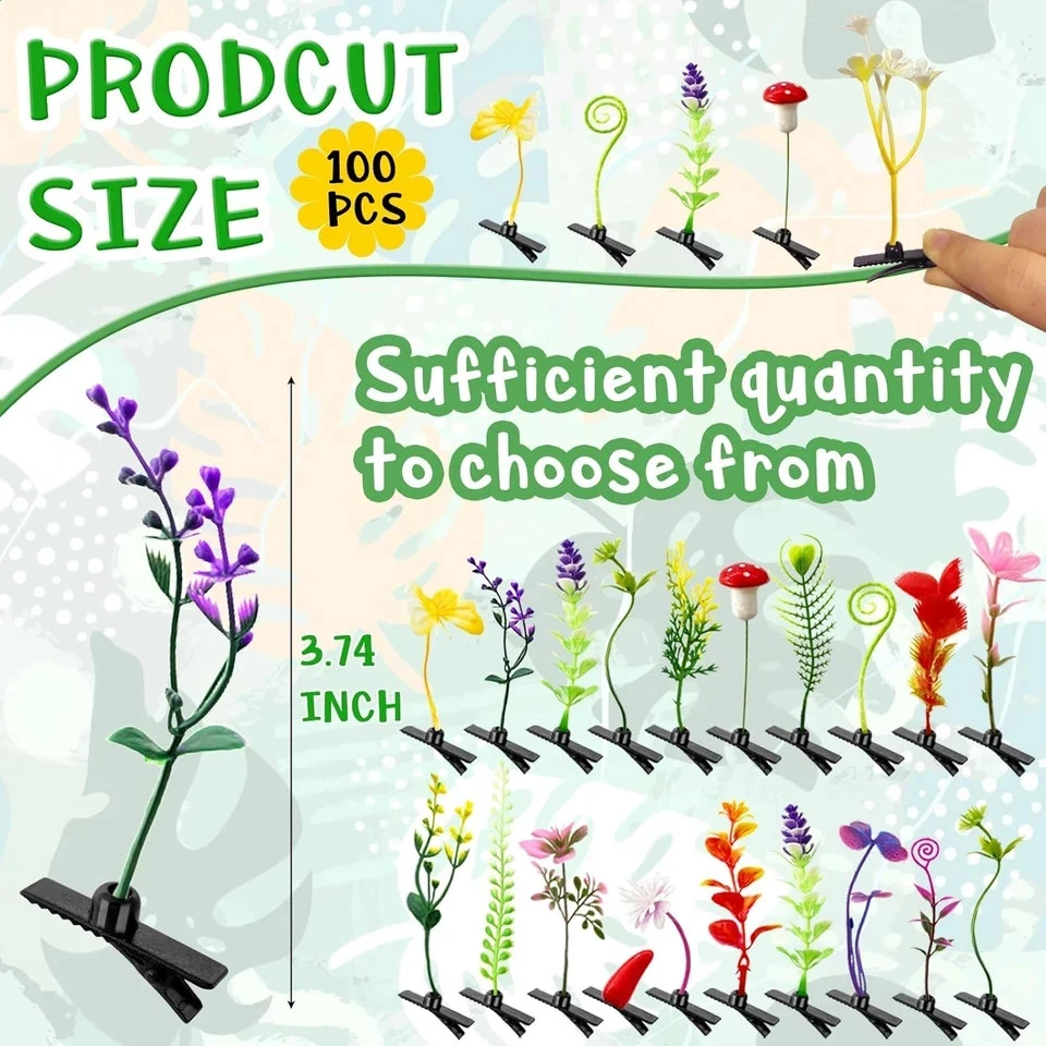 100 peças grampos de cabelo broto de feijão, grampos de cabelo de planta estilo misto, grampo de cabelo de planta engraçado - Imagem 2 de 4