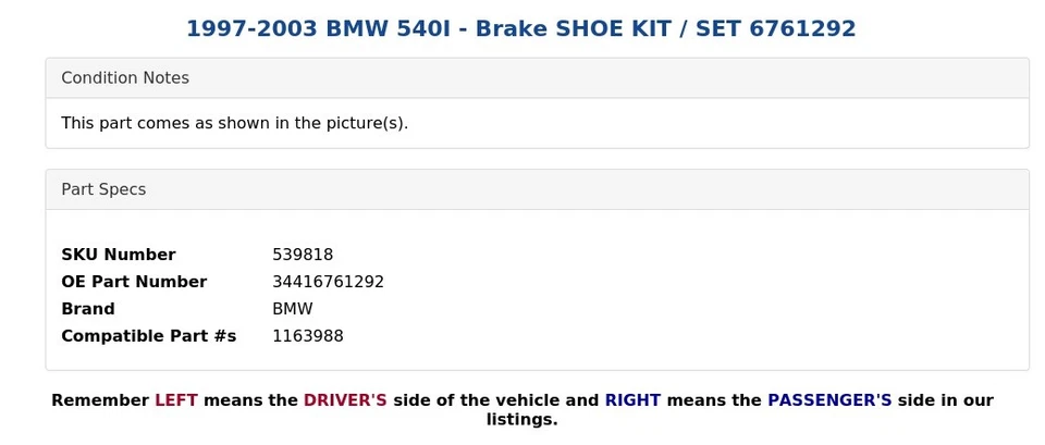 1997-2003 BMW 540I - KIT DE SAPATO DE FREIO / CONJUNTO 6761292 - Imagem 3 de 3