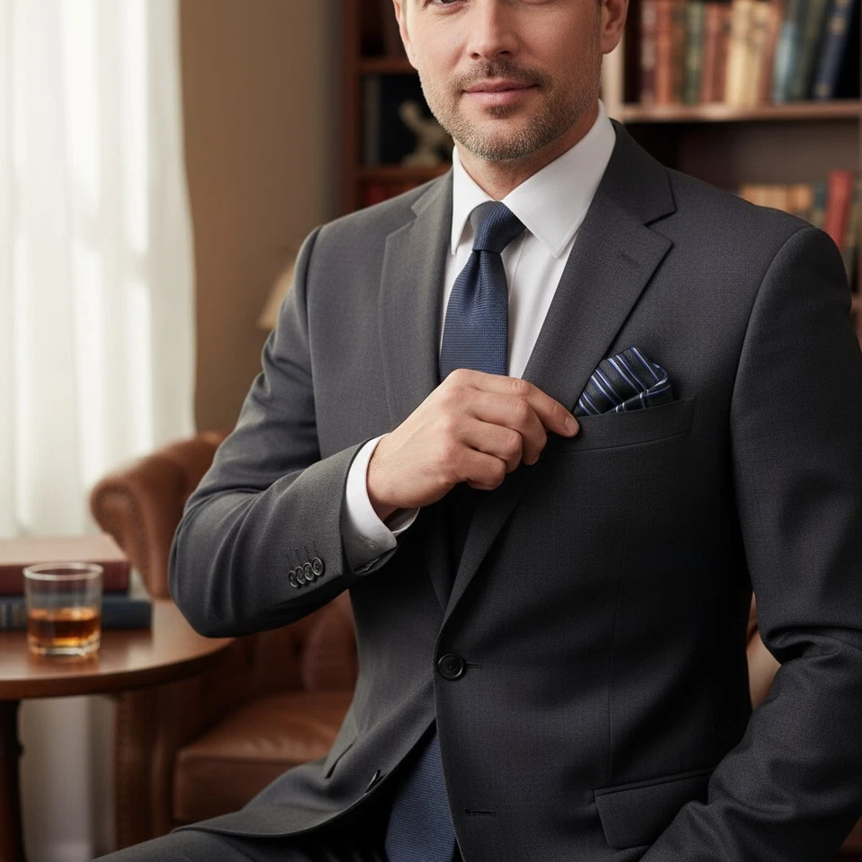 Nwot Silk/poly Blend Pocket Square, 9.5" X 9.5", Black/Blue/Gray, Striped. - Image 2 of 4