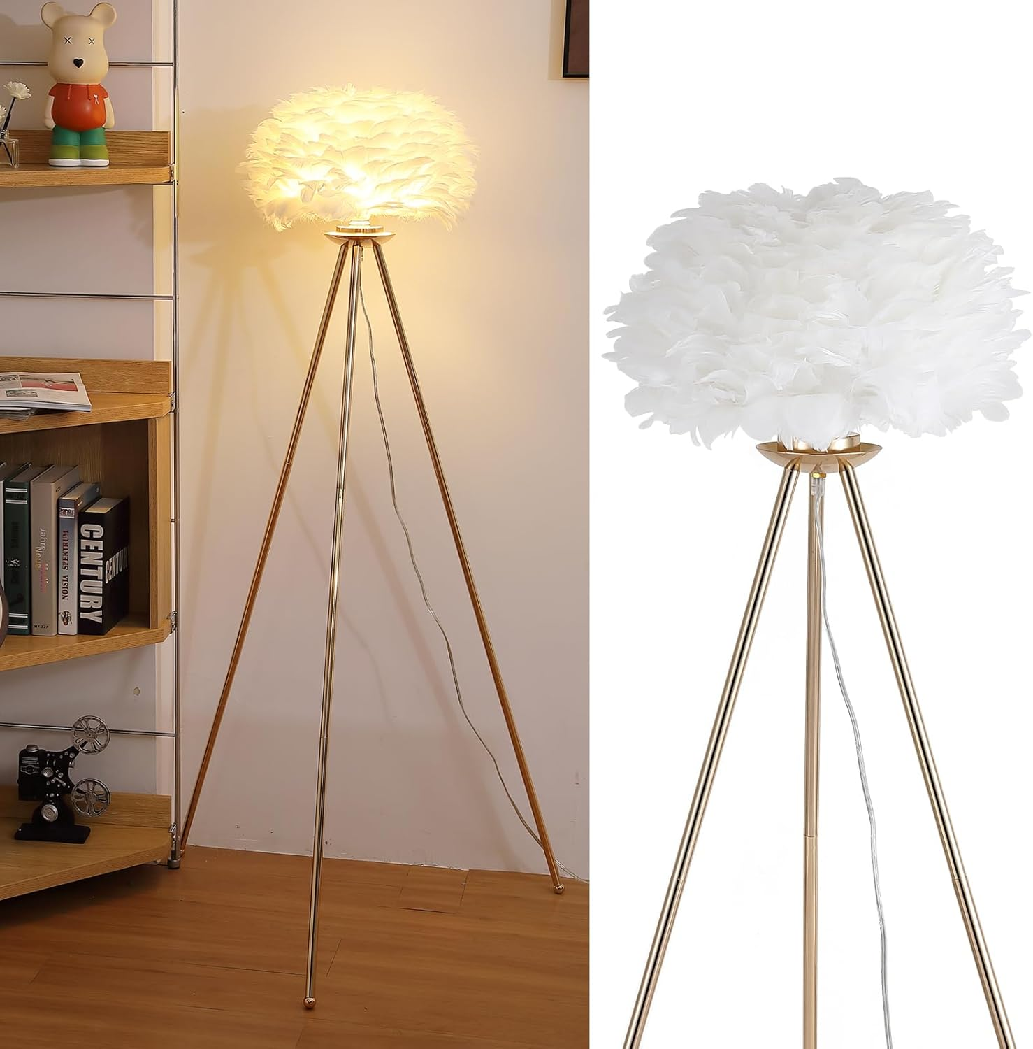 Modern Gold Tripod Floor Lamp with Elegant White Feather Shade