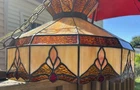 Vintage Antique 12 Panel Honey Floral Cherry Accent Slag Glass Hanging Lamp 18”