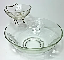 Vintage Jeanette Pressed Glass Baltimore Pears Chip Dip Serving Bowl Set w Hook