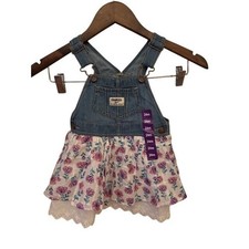 OshKosh B'gosh Girls Denim Floral Eyelet Jumper Dress Blue Pink 24M NEW