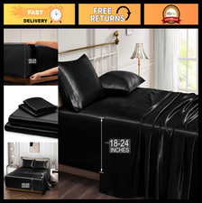 Cooling Silky Satin King Size Sheets Set - Extra Deep Pocket 18-24 Inch, Black -