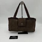 CHANEL Coco Mark Handbag Dark Brown Shearling Suede Shoulder Bag Vintage Rare
