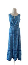 Talbots Maxi Dress Filigree Print Sleeveless Stretch Jersey Blue Teal Sz S EUC