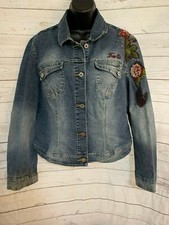 Fubu Fatty Girl Women’s Denim Jacket Floral Detail Button Front Blue Size Xl