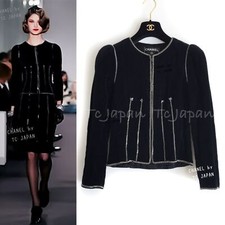 CHANEL 06PF Black Washed Velvet Jacket Silver Ribbon Gripoix Buttons 36 38 US4 6