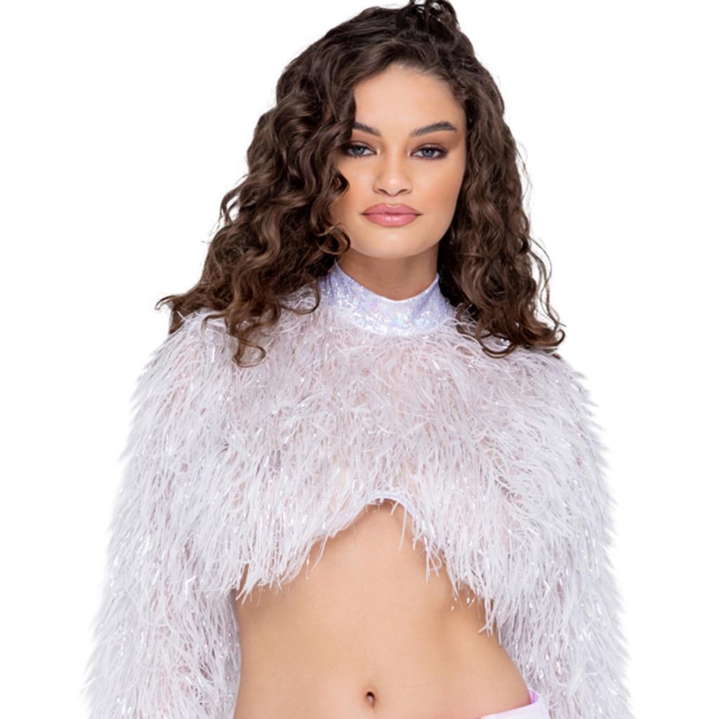 Faux Fur Crop Top Long Sleeves Tinsel Iridescent Neck Metallic