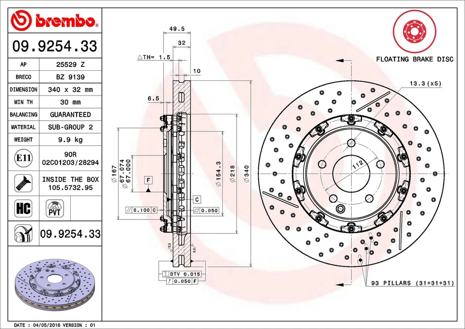 Rotor de freno de disco delantero Brembo 09.9254.33 para Mercedes-Benz SLK55 AMG 2005-2006 Foto 2 de 3