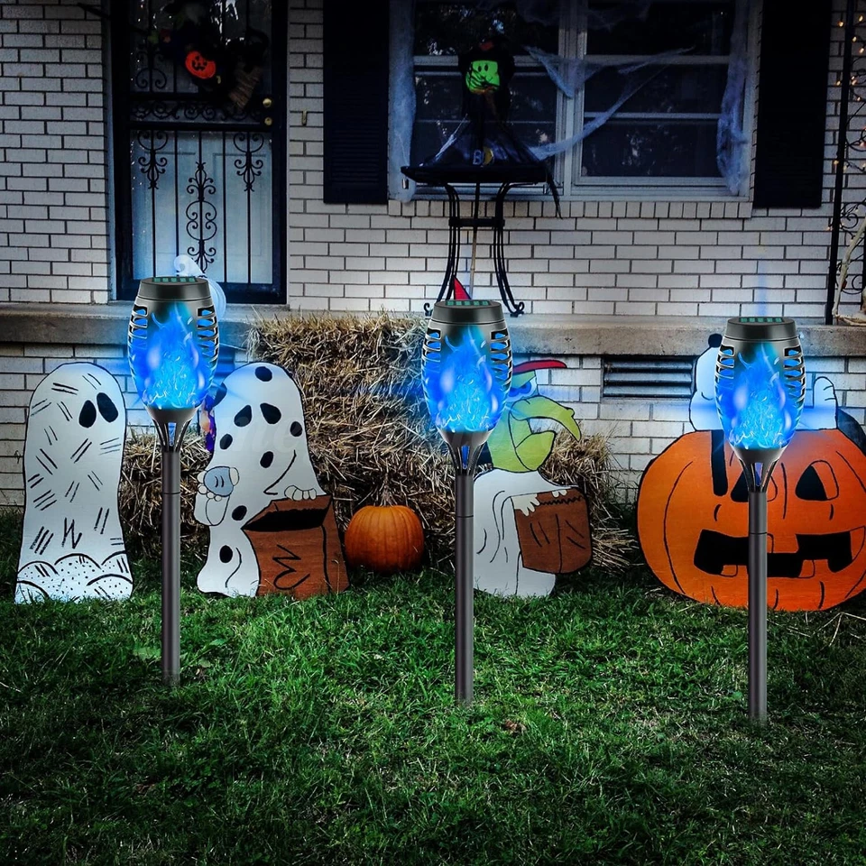 12 PACK Flickering Solar Lights Flame Torch Outdoor Landscape Garden Lights Blue - Image 2 of 4