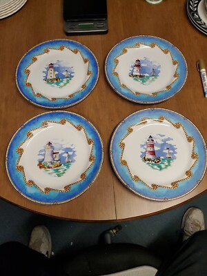 4 Fitz & Floyd Omnibus Shore Lights Dinner Plates 10.5'' Lighthouse New (Bin 47 )
