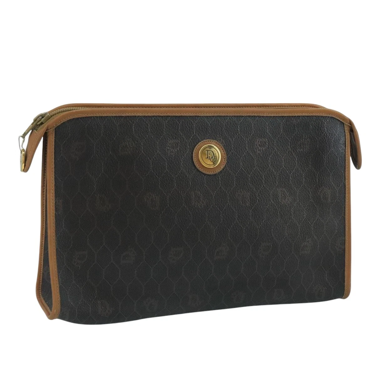 Christian Dior sac pochette toile nid d'abeille PVC cuir noir or authentique 111627