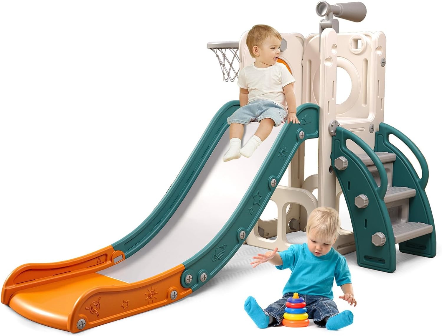 6 in 1 Toddler Playset with Hoop Ball Kids Playground Slide 