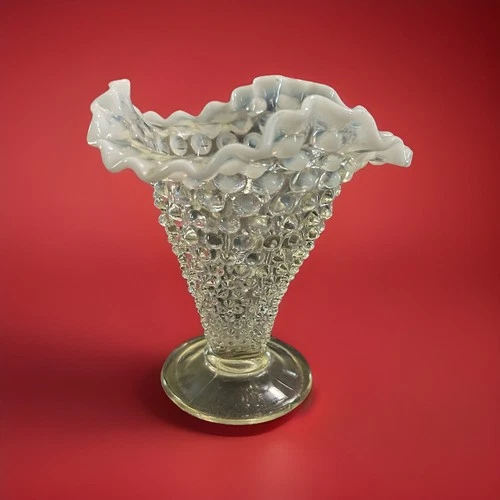 Vintage Fenton Moonstone Hobnail White Opalescent Trumpet Vase Ruffled Edge 6”