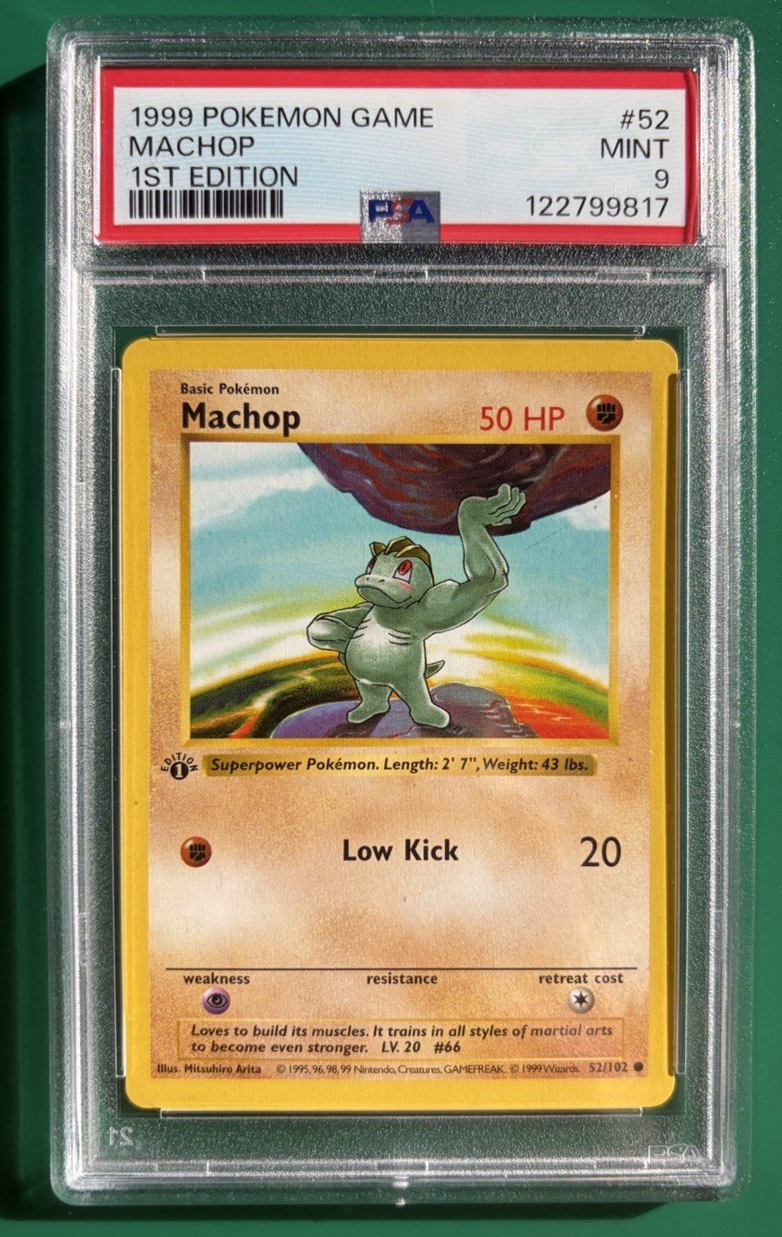 1999 Pokemon Base Set - 52/102 - Machop - Shadowless 1st Edition - PSA 9