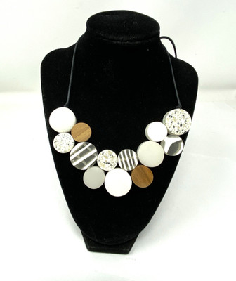 Artisan Made Beaded Flat Disc Geometric Necklace White Multi-Patterned 18''-29''