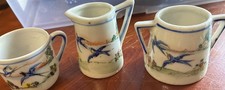 Vtg Japanese Child's Lustreware Tea Set Trio - Teapot Sugar Creamer - Bird Desig