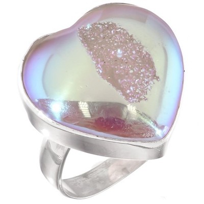 Heart Si-Opal Titanium White Druzy Agate 925 Sterling Silver Adj Sz 7 Ring