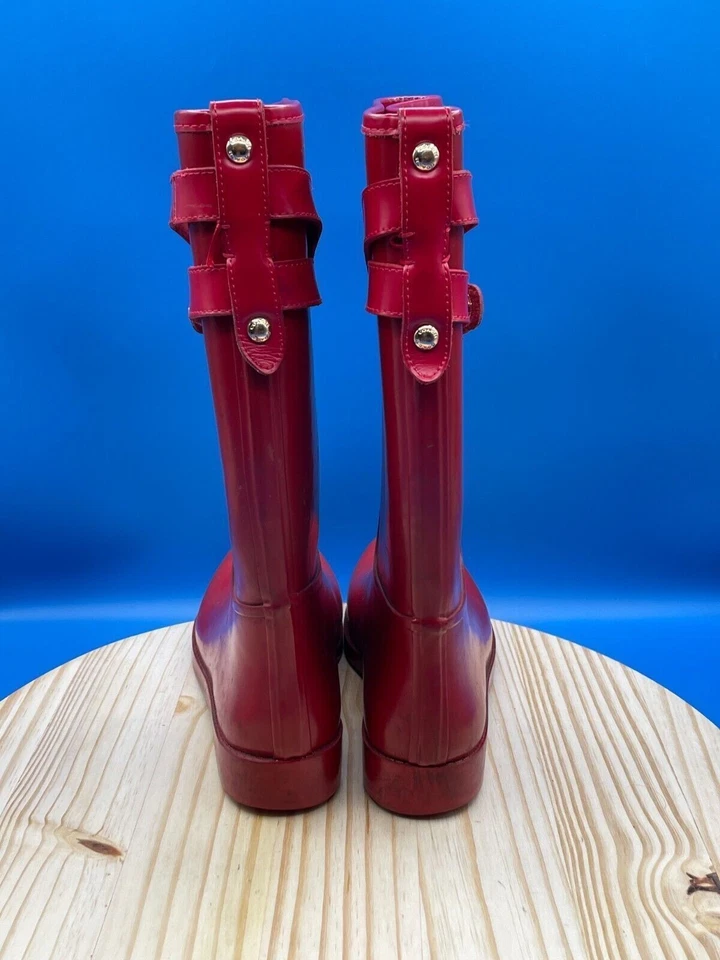 Bota de lluvia Coach para mujer talla 9B roja goma punta redonda tacón bloque media pantorrilla Foto 3 de 4