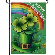 Happy St Patricks Day Garden Flag 12X18 Inch, Green Hat with Four-Leaf Clover Do