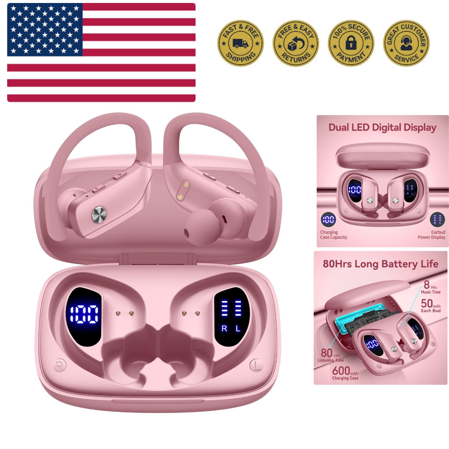 Bluetooth Headphones With 80h Playtime Led Display ...