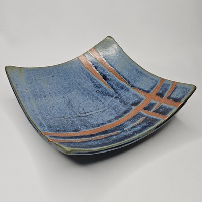 Blue Handmade Studio Pottery Curved 11'' Square Bowl Rice Sushi Dish Trinket Tray