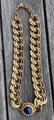Vtg Monet Gold Tone Chunky Heavy Rope Chain Blue Cabochon Statement Necklace