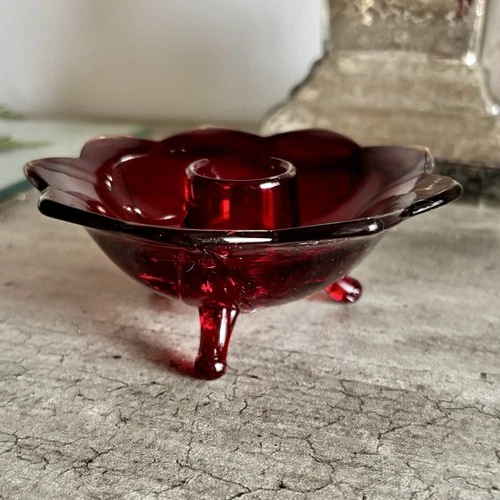 Vintage Fenton Amberina Glass Lotus Flower 3 Footed Candlestick Holder UV React