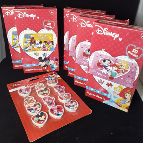 Party Favors Valentines Disney 6 Puzzles & 12 Erasers Princesses, Mickey Minnie - Afbeelding 1 van 4
