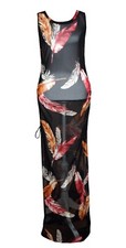 New FASHION NOVA L Maxi Dress Feather Print Black Sheer Side Slits Coverup NWT
