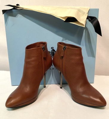 Lanvin Paris Ankle Calfskin Booties Sz US 8.5B Silver Stiletto Heel Brown