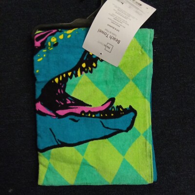 Mainstays Beach Towel 28X60 Green with Skateboard Dinosaur ''This is How I Roll''