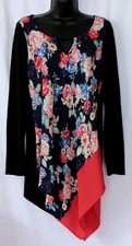 POEME CITRON Black/Floral Top Split Scoop Neck Asymmetrical Hem - Sz M EXC