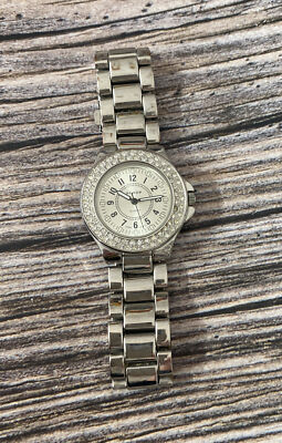Accutime Scoop Watch Womens Silver Tone Gem Set Bezel Round Dial New Battery