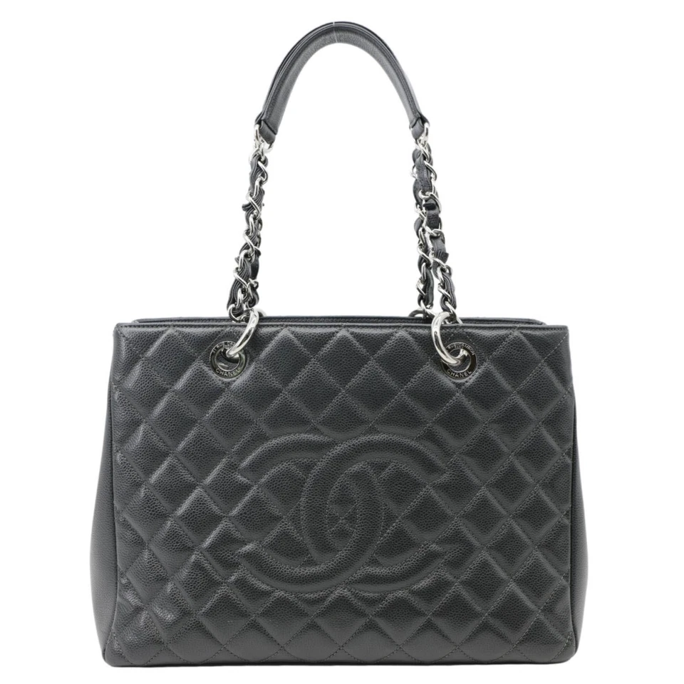 CHANEL Grand Shopping Quilted Caviar Leather Tote Bag Dark Grey