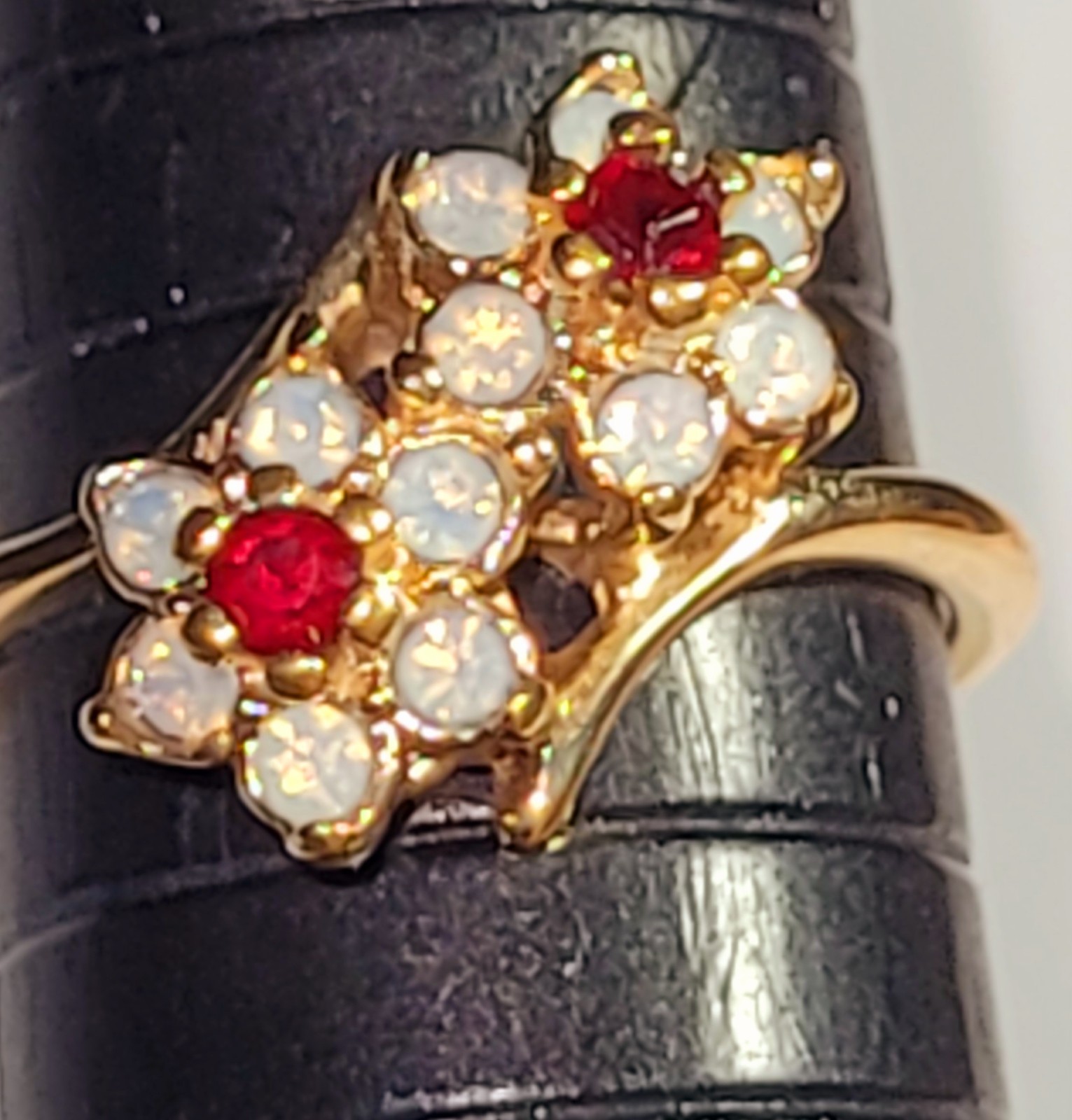 2 Flowers Ruby Red & Clear Rhinestone 18K HGE Gol… - image 6